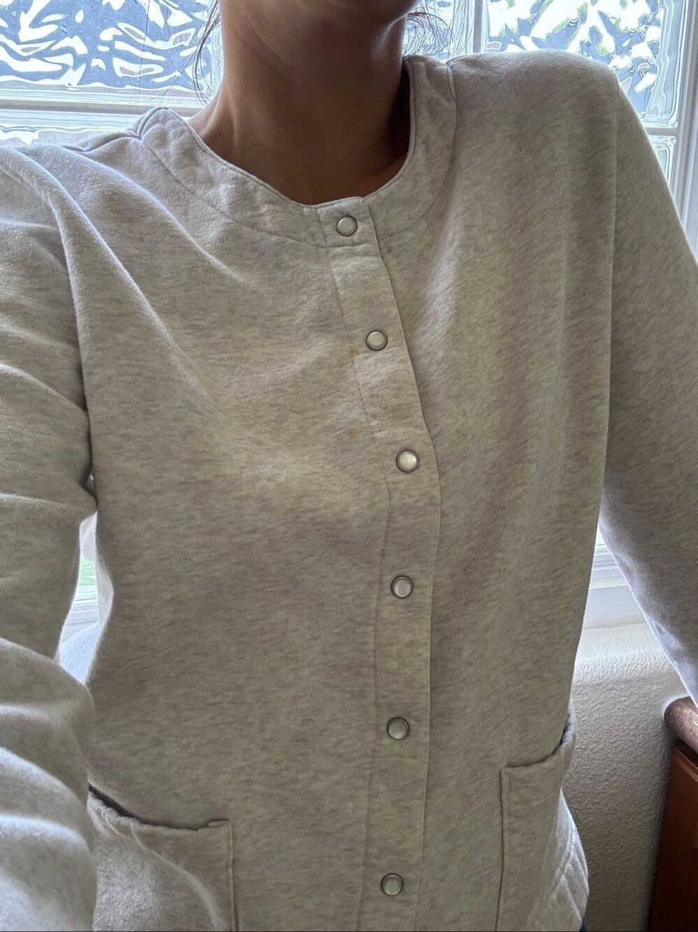 Covington women's Large grey cream relaxed button up sweater coat cozy comfortab